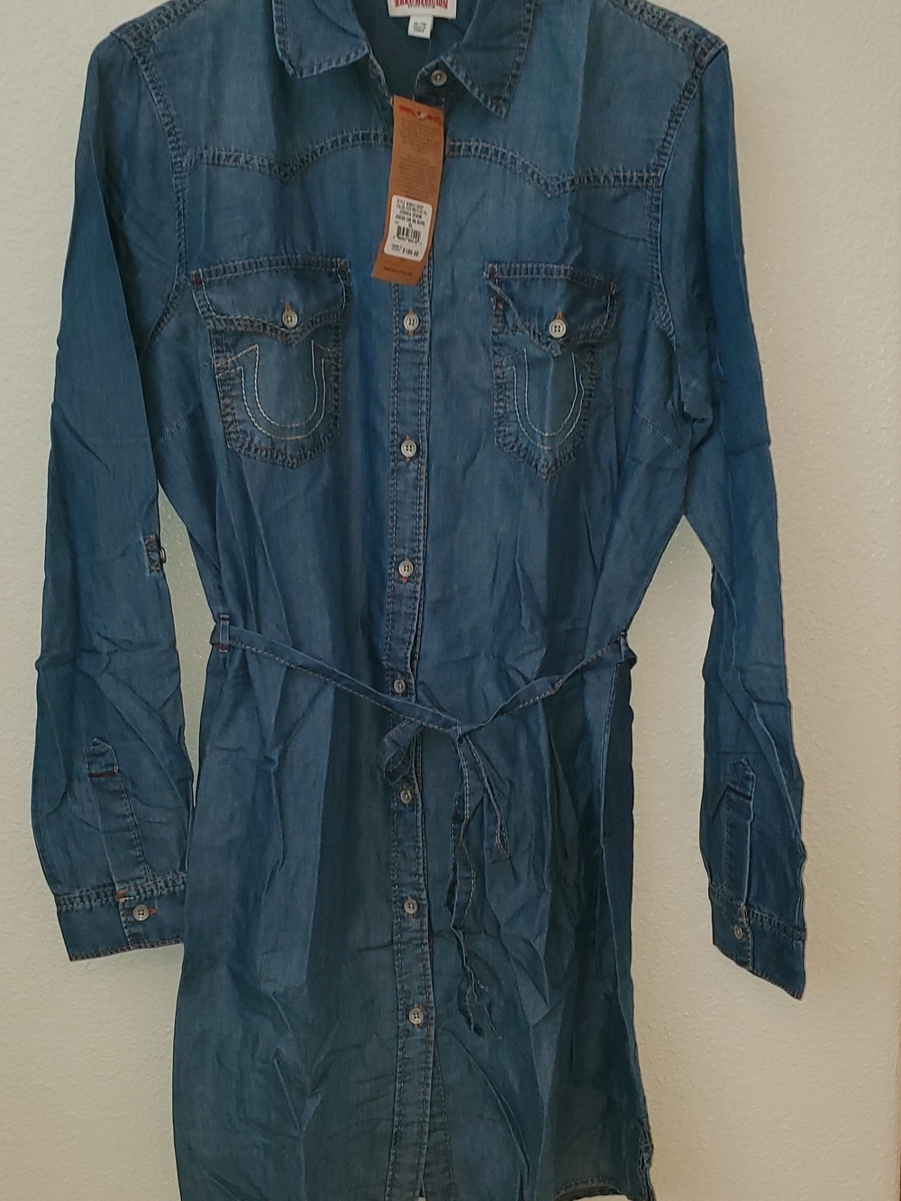 Women's True Religion Blue Denim Shirt Dress with Tie Waist- Size XL NWT